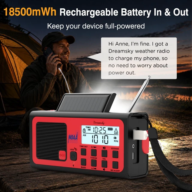 Alt view image 7 of 7 - Emergency Radio NOAA Weather Alert with Hand Crank Radio Portable AM FM SW, 18500mWh Rechargeable Battery Operated, Solar Powered, SOS Alarm, Flashlight, Reading Lamp, USB Port