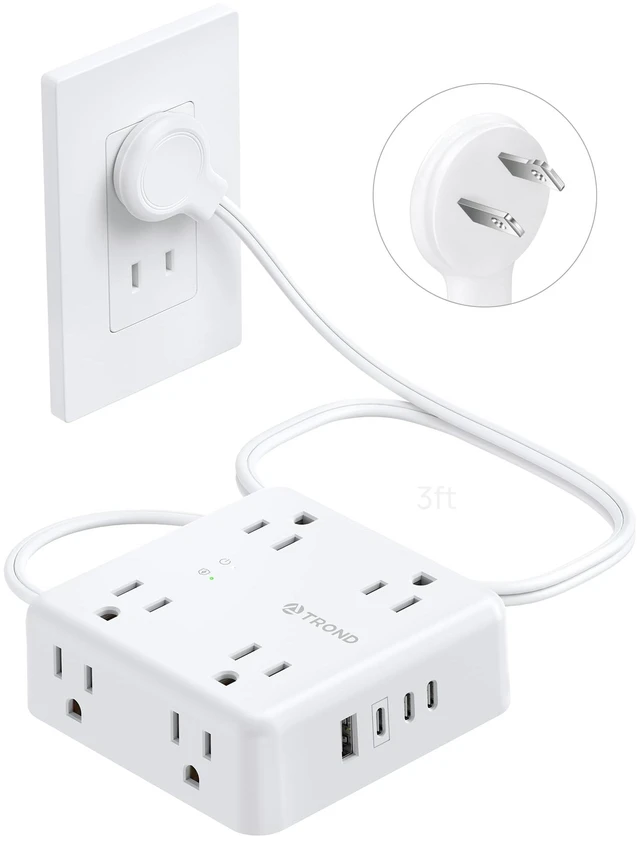 Main image of 2 Prong Power Strip, 2 Prong Extension Cord 3ft, 8 AC & 4 USB, White Polarized Flat Plug, 1625W, Wall Mountable, 1440J Two Prong Surge Protector for Non-Grounded Outlets in Old House Office