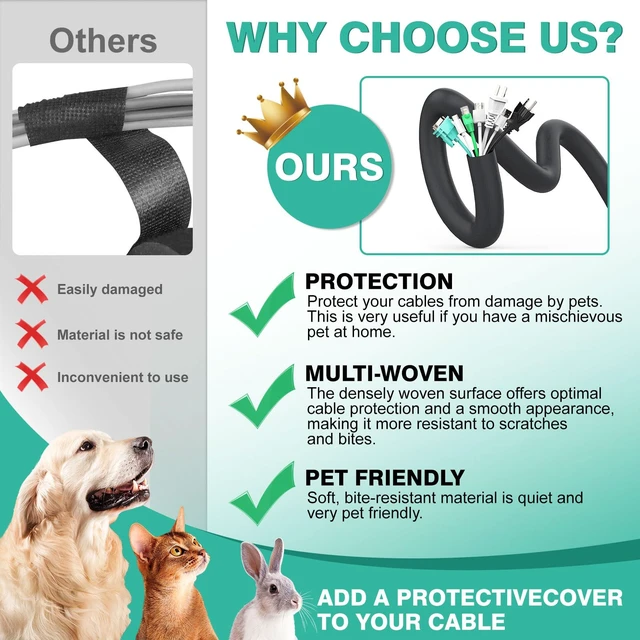Alt view image 2 of 7 - Dog and Cat Cord Protector 10ft - 1inch, Flexible Cable Sleeve for Easy Cord Management, Protects Cables from Pets Chewing, Ideal for USB, Power, Audio and Video Cords - Black