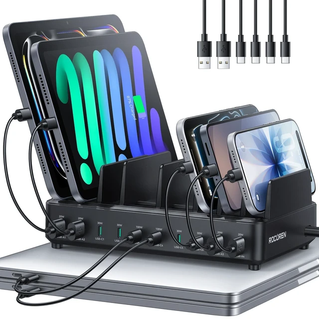 Main image of 400W 10Port Charging Station,Dual PD 100W Dock w/ 6 Cables MultiDevice Fast Charging Organizer Dock,Works for MacBook,iPad,iPhone,Cell Phone,Tablet and Other Electronic Devices