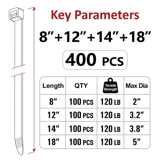 Alt view image 2 of 7 - Zip Ties Assorted Sizes(8", 12", 14", 18")- 400 Pack, Zip Ties Heavy Duty with 120 lb Tensile Strength, Black Cable Ties, Wire ties