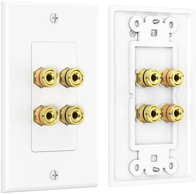Main image of 2-Pack Speaker Wire Wall Plate, 4 Posts, White For 2 Speakers, Gold-Plated Binding Posts, Banana Plug Compatible, Low-Voltage Installation