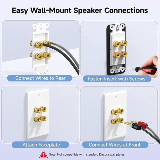 Alt view image 6 of 7 - 2-Pack Speaker Wire Wall Plate, 4 Posts, White For 2 Speakers, Gold-Plated Binding Posts, Banana Plug Compatible, Low-Voltage Installation