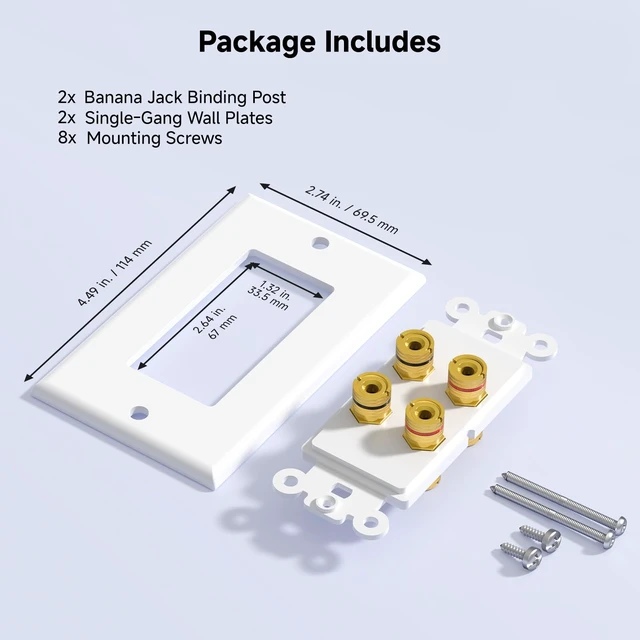 Alt view image 7 of 7 - 2-Pack Speaker Wire Wall Plate, 4 Posts, White For 2 Speakers, Gold-Plated Binding Posts, Banana Plug Compatible, Low-Voltage Installation