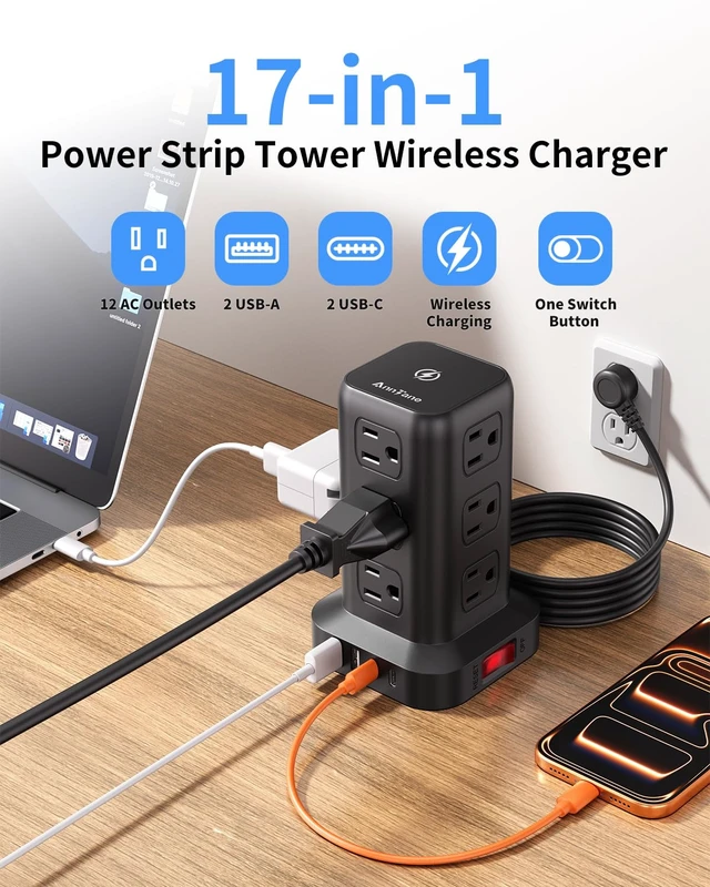Alt view image 2 of 7 - Surge Protector Power Strip 6.5 FT Cord, Power Strip Tower with 4 USB Ports (1USB C), Extension Cord with 12 AC Multiple Outlets, Home Office Supplies Desk Accessories, Dorm Room Essentials