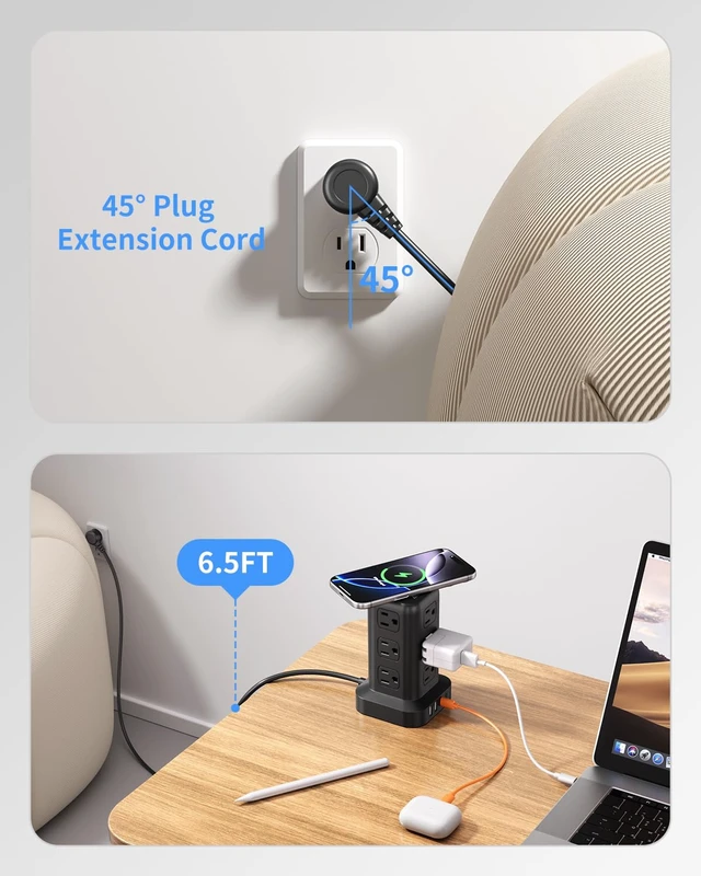 Alt view image 5 of 7 - Surge Protector Power Strip 6.5 FT Cord, Power Strip Tower with 4 USB Ports (1USB C), Extension Cord with 12 AC Multiple Outlets, Home Office Supplies Desk Accessories, Dorm Room Essentials