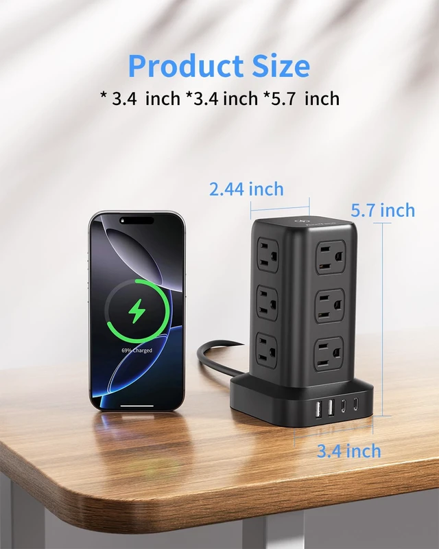 Alt view image 7 of 7 - Surge Protector Power Strip 6.5 FT Cord, Power Strip Tower with 4 USB Ports (1USB C), Extension Cord with 12 AC Multiple Outlets, Home Office Supplies Desk Accessories, Dorm Room Essentials