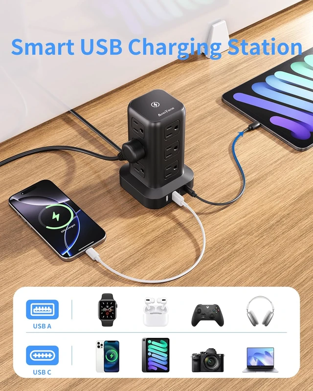 Alt view image 6 of 7 - Surge Protector Power Strip 6.5 FT Cord, Power Strip Tower with 4 USB Ports (1USB C), Extension Cord with 12 AC Multiple Outlets, Home Office Supplies Desk Accessories, Dorm Room Essentials
