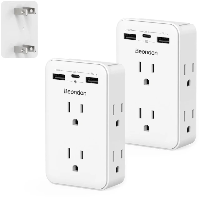 Main image of 2 to 3 Prong Outlet Adapter with 6 Outlets, 3 USB Ports, 2 Pack Three-sided wall extender for older two-prong outlets in homes, apartments and hotels. Does not provide grounding