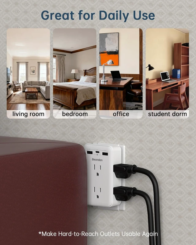 Alt view image 3 of 6 - 2 to 3 Prong Outlet Adapter with 6 Outlets, 3 USB Ports, 2 Pack Three-sided wall extender for older two-prong outlets in homes, apartments and hotels. Does not provide grounding