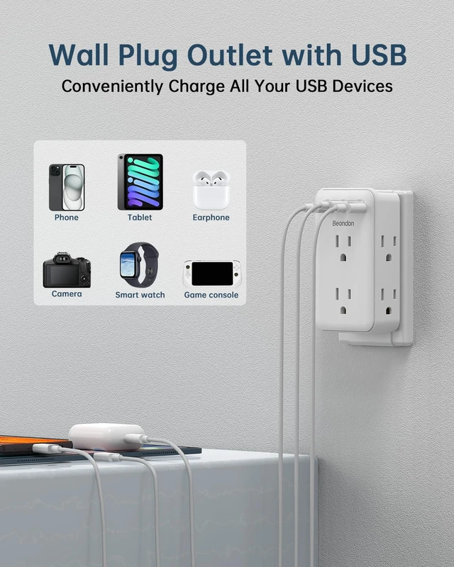 Alt view image 4 of 6 - 2 to 3 Prong Outlet Adapter with 6 Outlets, 3 USB Ports, 2 Pack Three-sided wall extender for older two-prong outlets in homes, apartments and hotels. Does not provide grounding