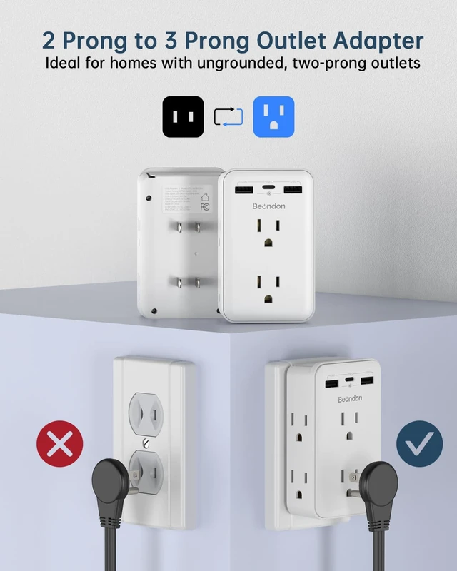 Alt view image 2 of 6 - 2 to 3 Prong Outlet Adapter with 6 Outlets, 3 USB Ports, 2 Pack Three-sided wall extender for older two-prong outlets in homes, apartments and hotels. Does not provide grounding