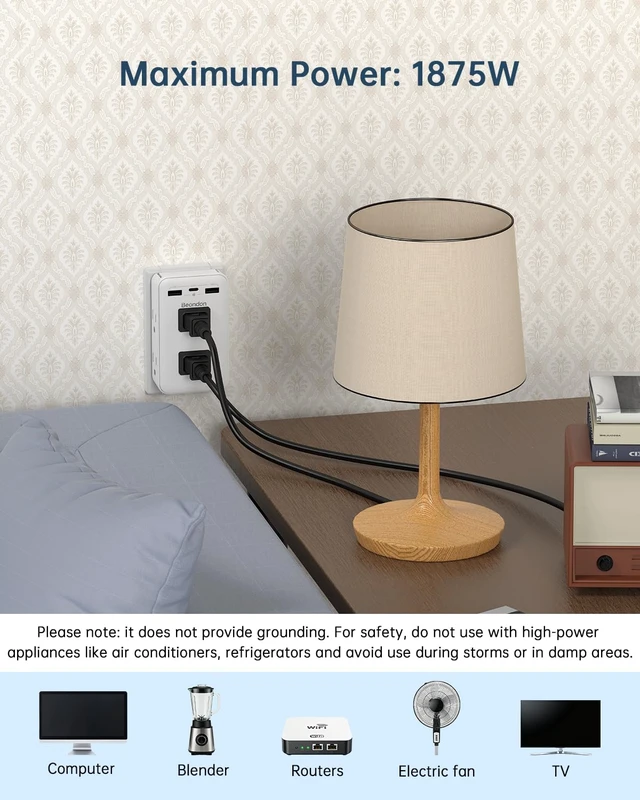 Alt view image 6 of 6 - 2 to 3 Prong Outlet Adapter with 6 Outlets, 3 USB Ports, 2 Pack Three-sided wall extender for older two-prong outlets in homes, apartments and hotels. Does not provide grounding