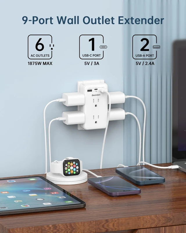 Alt view image 5 of 6 - 2 to 3 Prong Outlet Adapter with 6 Outlets, 3 USB Ports, 2 Pack Three-sided wall extender for older two-prong outlets in homes, apartments and hotels. Does not provide grounding