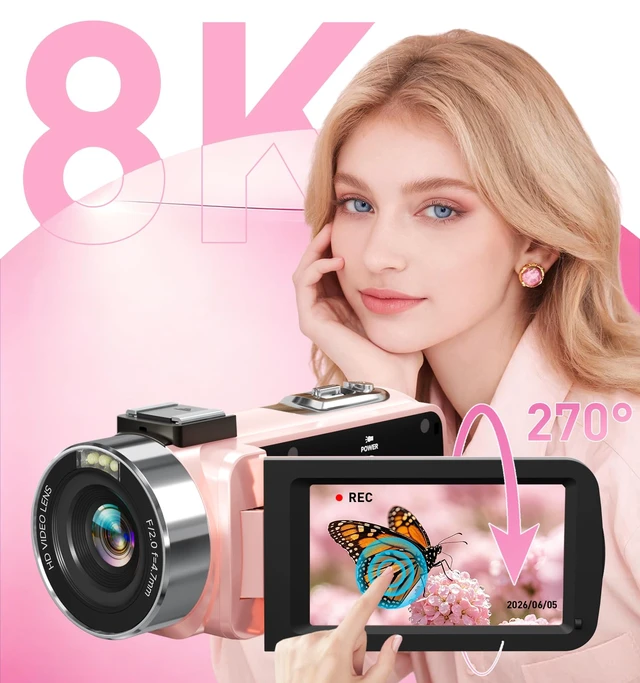 Alt view image 2 of 7 - 8K 80MP Video Camera Camcorder, Pink WiFi Vlogging Camera for YouTube