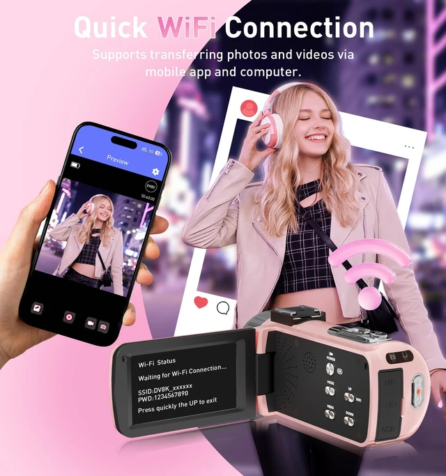 Alt view image 4 of 7 - 8K 80MP Video Camera Camcorder, Pink WiFi Vlogging Camera for YouTube
