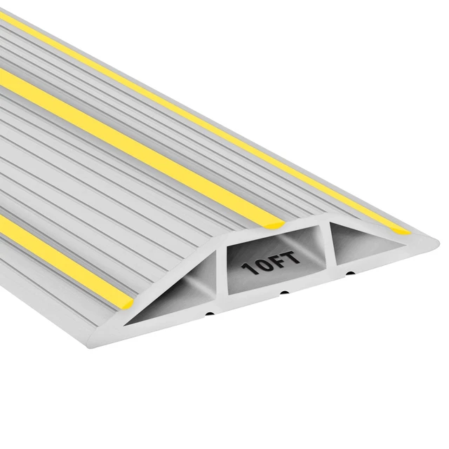 Main image of 10Ft Cord Covers for Wires on Floor, 3-Channel PVC Floor Cable Cover for Small to Medium Wires, Anti-Slip Base with Yellow Warning Stripes, Indoor Floor Cord Cover for Home Office Events(Grey)