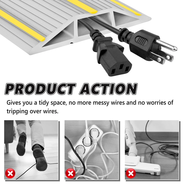 Alt view image 3 of 6 - 10Ft Cord Covers for Wires on Floor, 3-Channel PVC Floor Cable Cover for Small to Medium Wires, Anti-Slip Base with Yellow Warning Stripes, Indoor Floor Cord Cover for Home Office Events(Grey)
