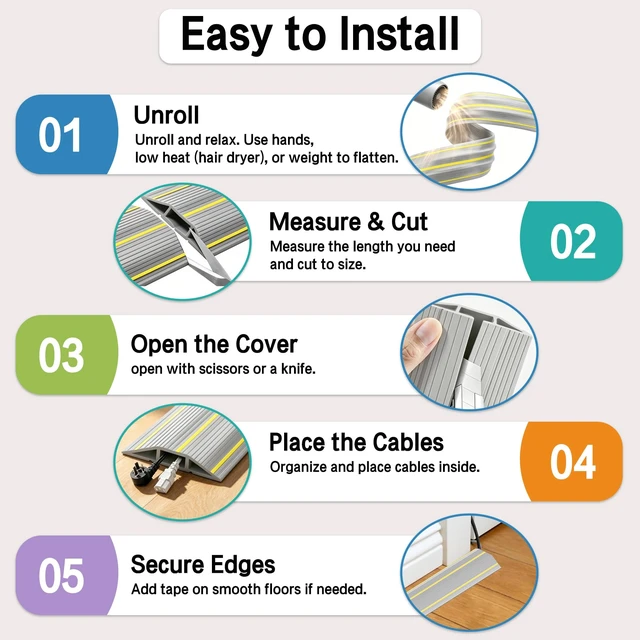 Alt view image 5 of 6 - 10Ft Cord Covers for Wires on Floor, 3-Channel PVC Floor Cable Cover for Small to Medium Wires, Anti-Slip Base with Yellow Warning Stripes, Indoor Floor Cord Cover for Home Office Events(Grey)