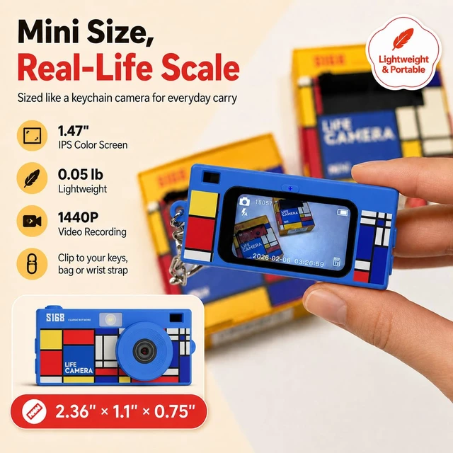 Alt view image 2 of 7 - Mini Keychain Digital Camera, 16GB Card, Y2K Retro Tiny Camera 1440P Video, 2MP Photos, 1.47-Inch IPS Screen, Built-In Flash, Filters, Pocket Size for Kids, Teens, Travel and Vlogging