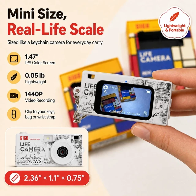 Alt view image 2 of 7 - Mini Keychain Digital Camera, 16GB Card, Y2K Retro Tiny Camera 1440P Video, 2MP Photos, 1.47-Inch IPS Screen, Built-In Flash, Filters, Pocket Size for Kids, Teens, Travel and Vlogging