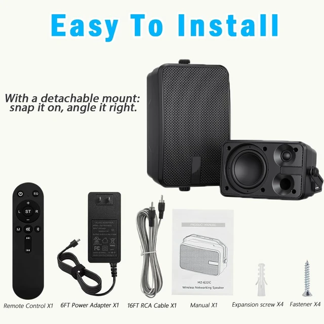 Alt view image 7 of 7 - Bluetooth Outdoor Speaker / 400W Stereo Channe/Active Passive Wall Mount Speaker/with Bluetooth and an AUX Input/Wireless Sync Sound System for Porch, Patio, Garage, Gazebo, Pool