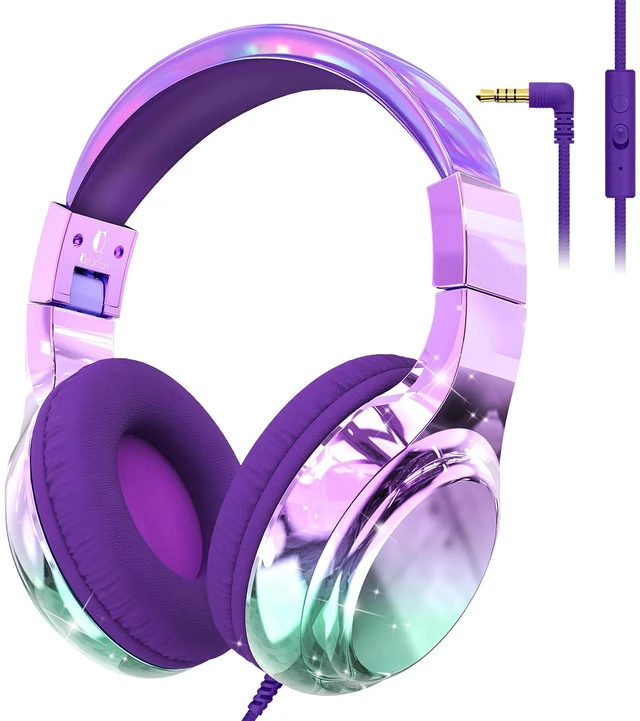 Main image of Kids Headphones with Cord with Mic, 85/94dB Safe Volume Limit foldable on-ear fit, tangle-free cord, sharing port, Kids Wired Headphones for school, Chromebook, tablet, travel, boys girls