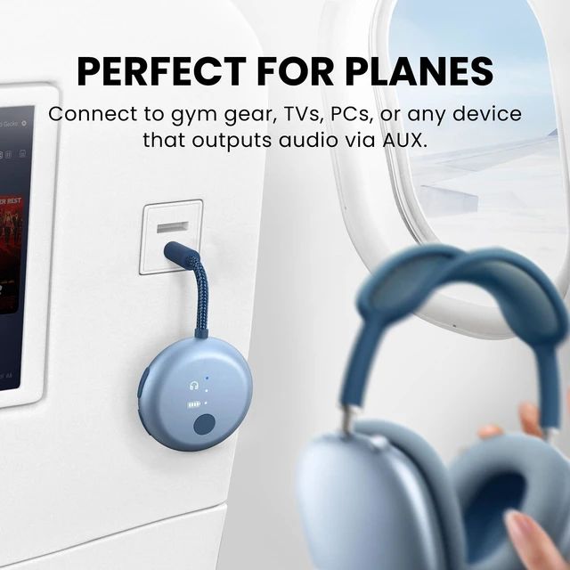 Alt view image 2 of 7 - SoundJet R1 - Airplane Bluetooth Adapter for AirPods, 25H Qualcomm aptX Adaptive & HD, dual-headphone pairing, 25-hour battery, USB-C charging, and single/dual airline plugs