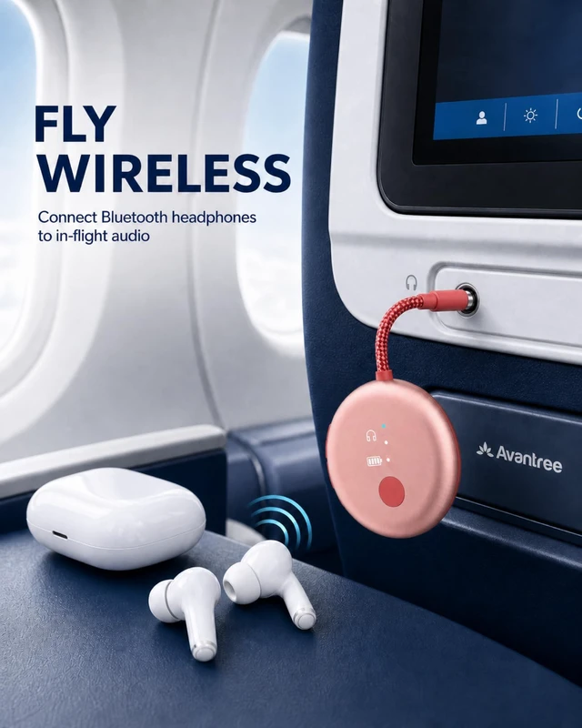 Alt view image 2 of 7 - SoundJet R1 - Airplane Bluetooth Adapter for AirPods, 25H Qualcomm aptX Adaptive & HD, dual-headphone pairing, 25-hour battery, USB-C charging, and single/dual airline plugs