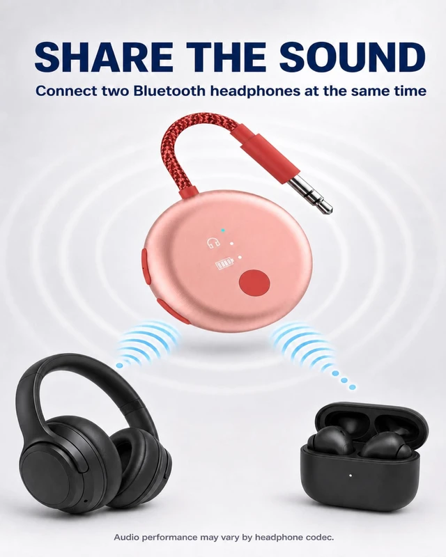 Alt view image 3 of 7 - SoundJet R1 - Airplane Bluetooth Adapter for AirPods, 25H Qualcomm aptX Adaptive & HD, dual-headphone pairing, 25-hour battery, USB-C charging, and single/dual airline plugs