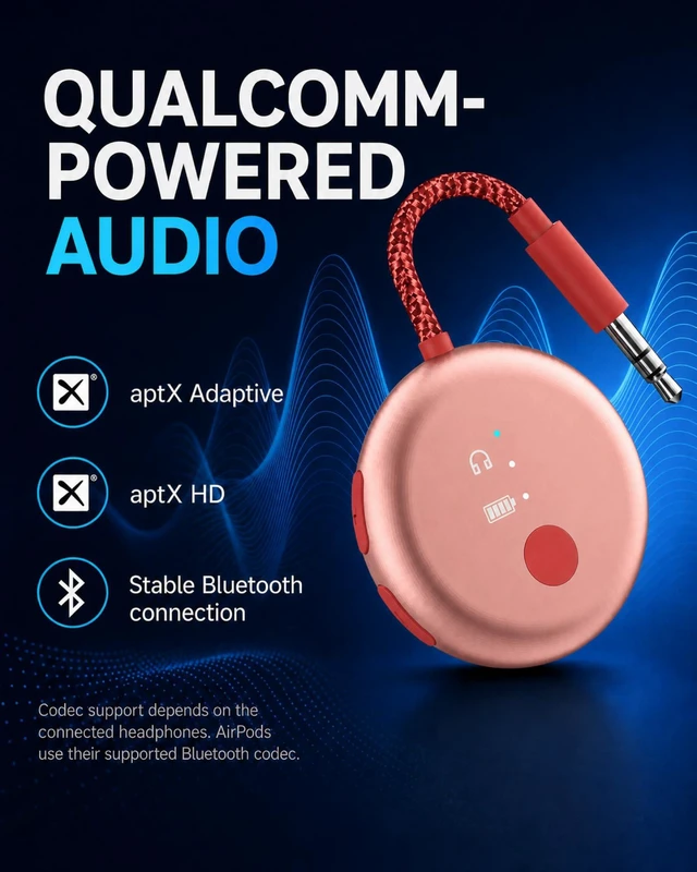 Alt view image 4 of 7 - SoundJet R1 - Airplane Bluetooth Adapter for AirPods, 25H Qualcomm aptX Adaptive & HD, dual-headphone pairing, 25-hour battery, USB-C charging, and single/dual airline plugs