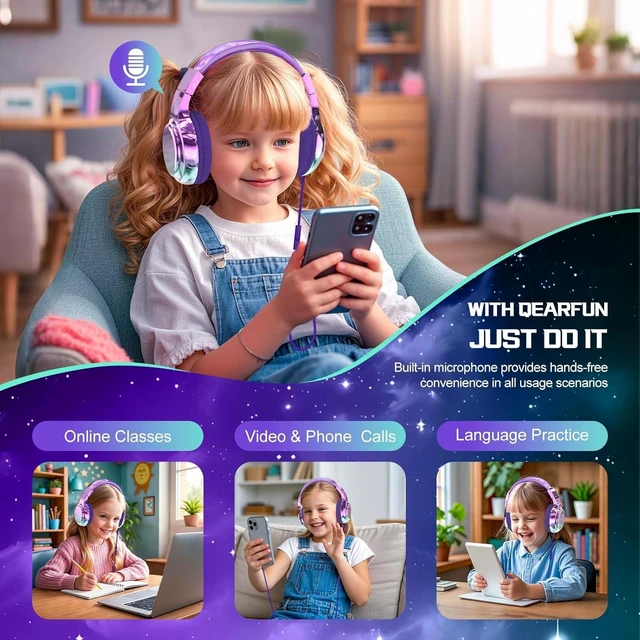 Alt view image 4 of 7 - Kids Headphones with Cord with Mic, 85/94dB Safe Volume Limit foldable on-ear fit, tangle-free cord, sharing port, Kids Wired Headphones for school, Chromebook, tablet, travel, boys girls