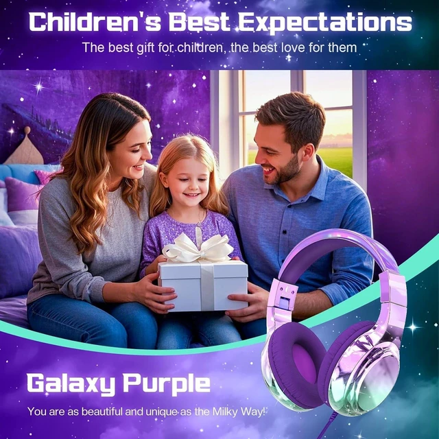 Alt view image 3 of 7 - Kids Headphones with Cord with Mic, 85/94dB Safe Volume Limit foldable on-ear fit, tangle-free cord, sharing port, Kids Wired Headphones for school, Chromebook, tablet, travel, boys girls