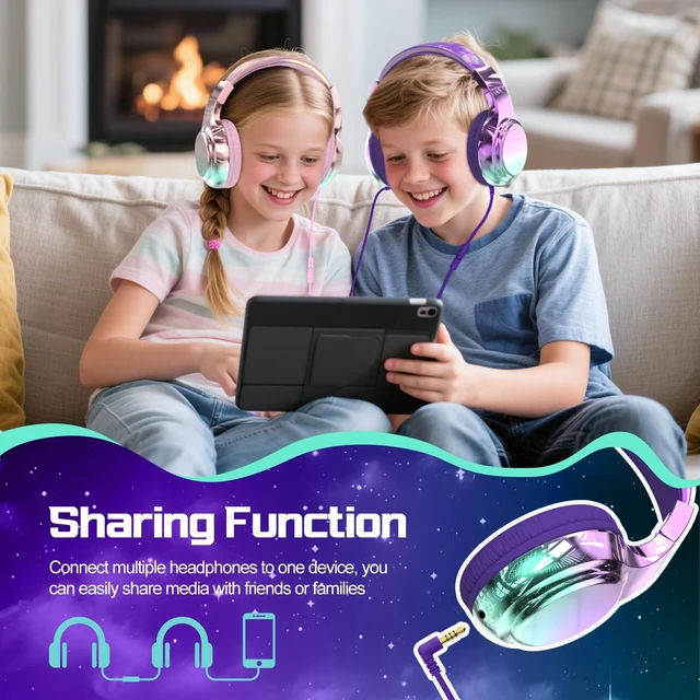 Alt view image 6 of 7 - Kids Headphones with Cord with Mic, 85/94dB Safe Volume Limit foldable on-ear fit, tangle-free cord, sharing port, Kids Wired Headphones for school, Chromebook, tablet, travel, boys girls