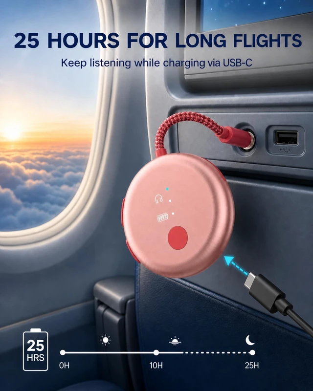 Alt view image 6 of 7 - SoundJet R1 - Airplane Bluetooth Adapter for AirPods, 25H Qualcomm aptX Adaptive & HD, dual-headphone pairing, 25-hour battery, USB-C charging, and single/dual airline plugs