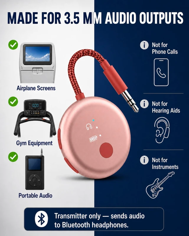 Alt view image 7 of 7 - SoundJet R1 - Airplane Bluetooth Adapter for AirPods, 25H Qualcomm aptX Adaptive & HD, dual-headphone pairing, 25-hour battery, USB-C charging, and single/dual airline plugs