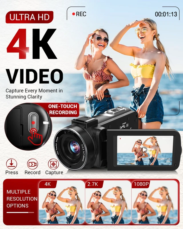 Alt view image 2 of 7 - 4K Video Camera Camcorder 96MP Vlogging Camera for YouTube and Beginners 3.0" 270° Touch Screen,Night Vision,18x Digital Zoom,Remote Control,32GB Card & 2 Batteries,Creator Combo for Beginners Teens