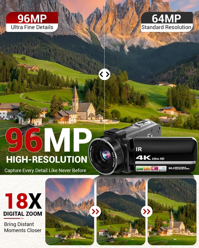 Alt view image 3 of 7 - 4K Video Camera Camcorder 96MP Vlogging Camera for YouTube and Beginners 3.0" 270° Touch Screen,Night Vision,18x Digital Zoom,Remote Control,32GB Card & 2 Batteries,Creator Combo for Beginners Teens