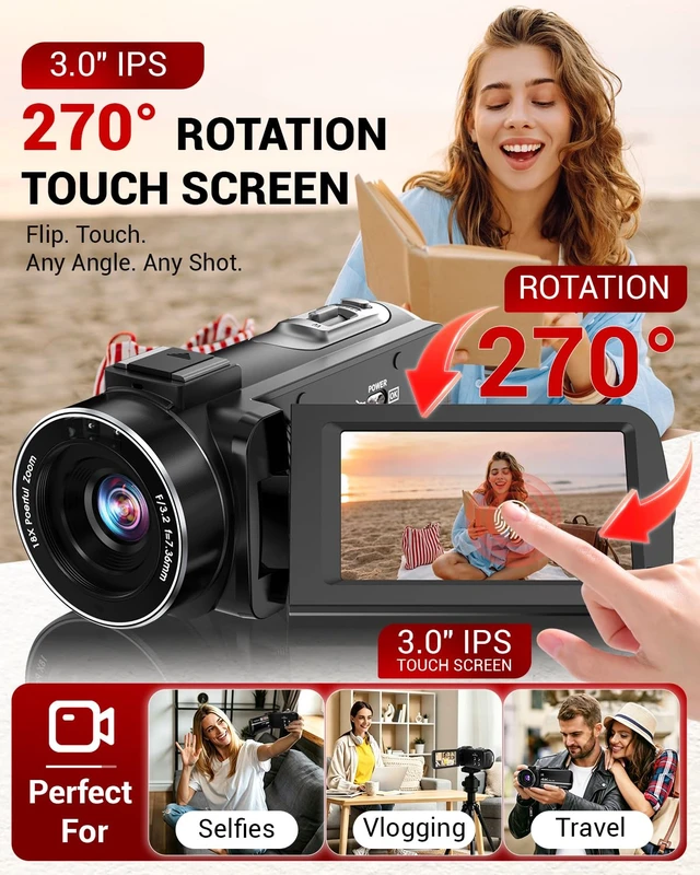Alt view image 4 of 7 - 4K Video Camera Camcorder 96MP Vlogging Camera for YouTube and Beginners 3.0" 270° Touch Screen,Night Vision,18x Digital Zoom,Remote Control,32GB Card & 2 Batteries,Creator Combo for Beginners Teens