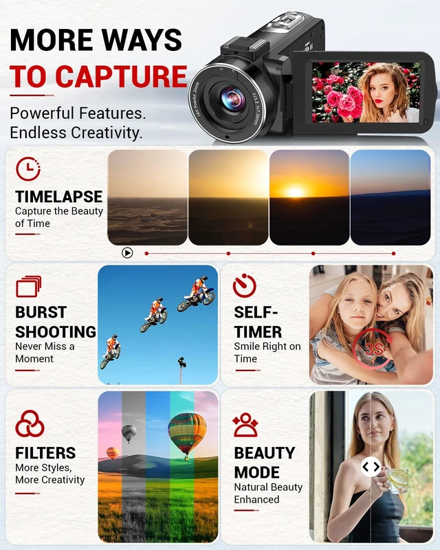 Alt view image 7 of 7 - 4K Video Camera Camcorder 96MP Vlogging Camera for YouTube and Beginners 3.0" 270° Touch Screen,Night Vision,18x Digital Zoom,Remote Control,32GB Card & 2 Batteries,Creator Combo for Beginners Teens