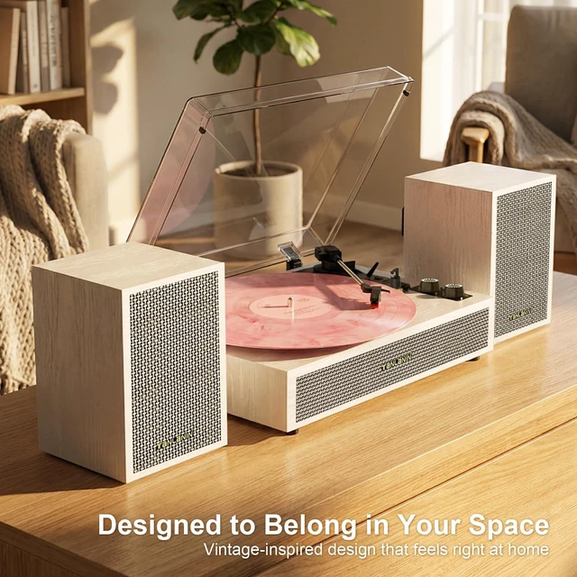 Alt view image 2 of 7 - Vinyl Record Player with External Speakers, 3 Speed Vintage Belt Drive Turntable Record Player with Stereo Speakers RCA Audio Out and Aux-in, White Wood
