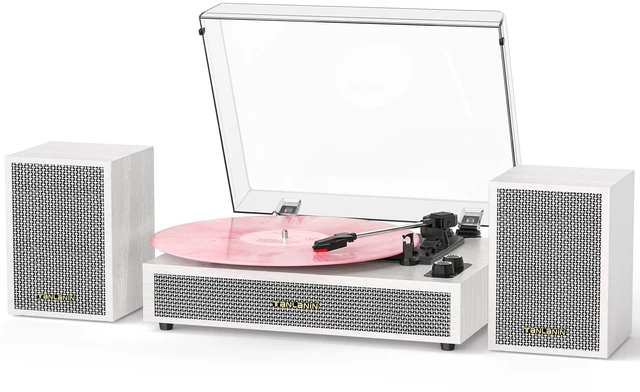Main image of Vinyl Record Player with External Speakers, 3 Speed Vintage Belt Drive Turntable Record Player with Stereo Speakers RCA Audio Out and Aux-in, White Wood