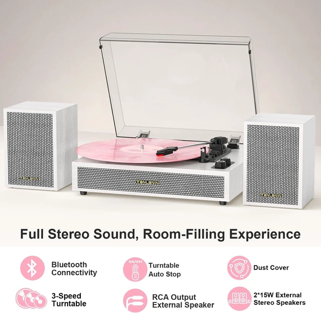 Alt view image 3 of 7 - Vinyl Record Player with External Speakers, 3 Speed Vintage Belt Drive Turntable Record Player with Stereo Speakers RCA Audio Out and Aux-in, White Wood