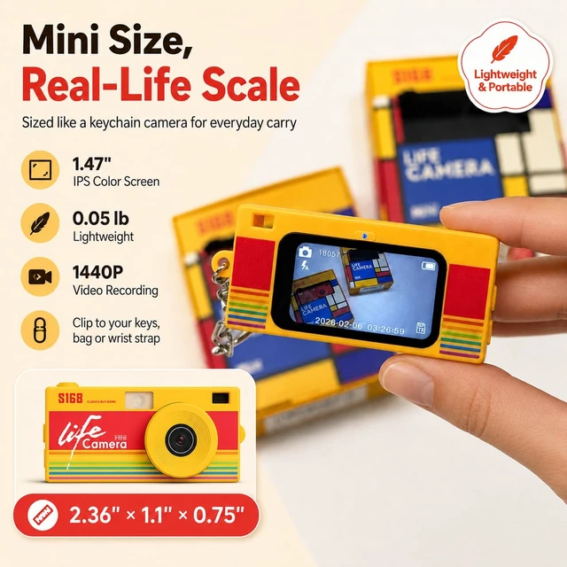 Alt view image 2 of 7 - Mini Keychain Digital Camera, 16GB Card, Y2K Retro Tiny Camera 1440P Video, 2MP Photos, 1.47-Inch IPS Screen, Built-In Flash, Filters, Pocket Size for Kids, Teens, Travel and Vlogging