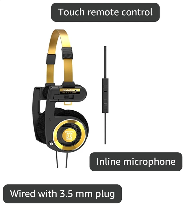 Alt view image 3 of 7 - Porta Pro Limited Edition Retro Style On-Ear Headphones, Black Gold In-Line Microphone, Volume Control and Touch Remote, Includes Hard Carry Case, Wired 3.5mm Plug