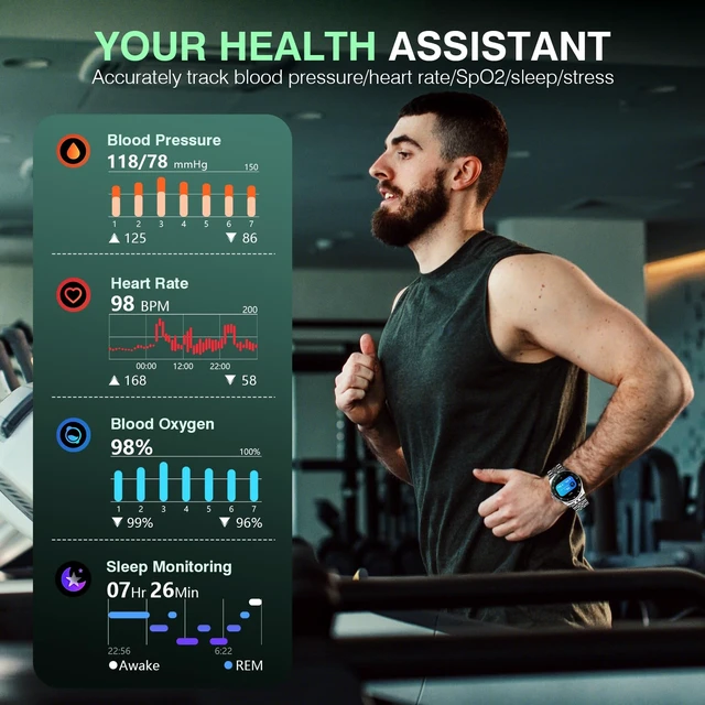 Alt view image 3 of 7 - GPT Smart Watch for Men with Bluetooth Call, Fitness Tracker, IP67, 44mm 1.19" AMOLED, 24/7 Heart Rate/Blood Oxygen/Blood Pressure/Sleep Monitor, 107 Sports Modes, Activity Tracker, Android iOS
