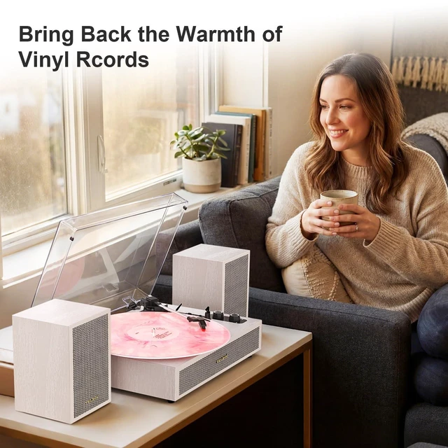 Alt view image 5 of 7 - Vinyl Record Player with External Speakers, 3 Speed Vintage Belt Drive Turntable Record Player with Stereo Speakers RCA Audio Out and Aux-in, White Wood