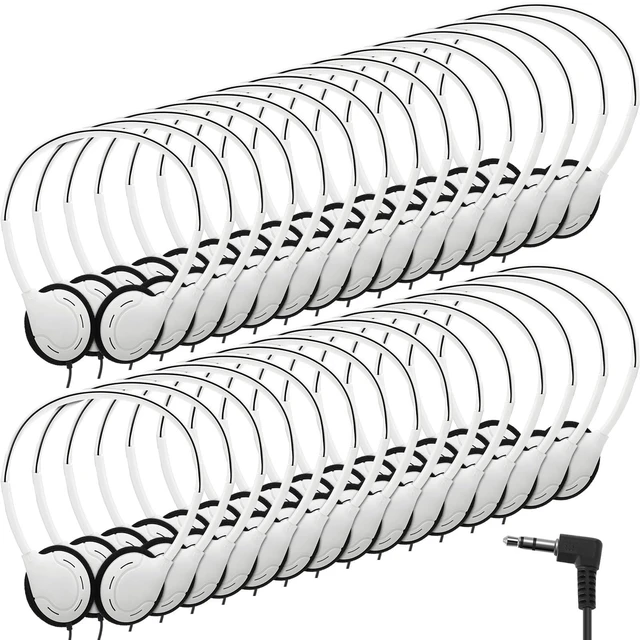 Main image of 30 Pack Over Ear Headphones Corded Bulk Set 3.5mm,White On Ear Headsets Adjustable Earphones with Cord for Library Computer Lab Online Lesson Group Testing