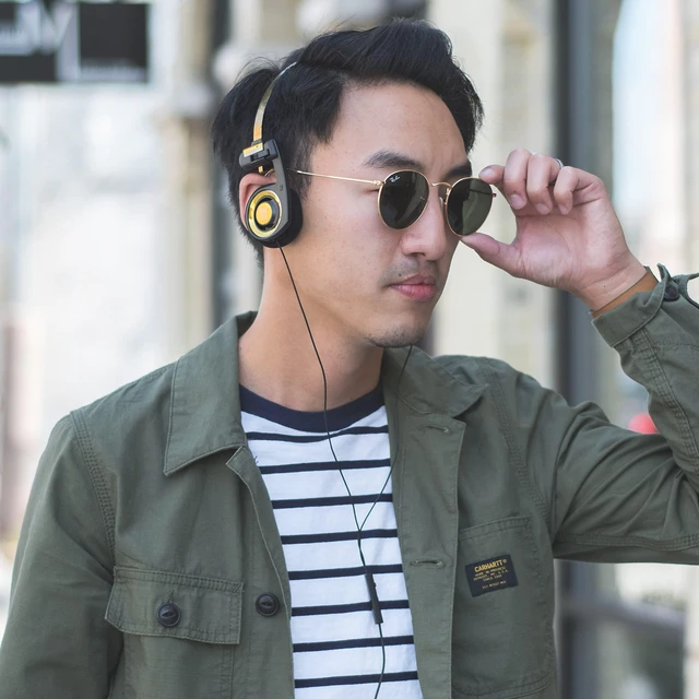 Alt view image 7 of 7 - Porta Pro Limited Edition Retro Style On-Ear Headphones, Black Gold In-Line Microphone, Volume Control and Touch Remote, Includes Hard Carry Case, Wired 3.5mm Plug