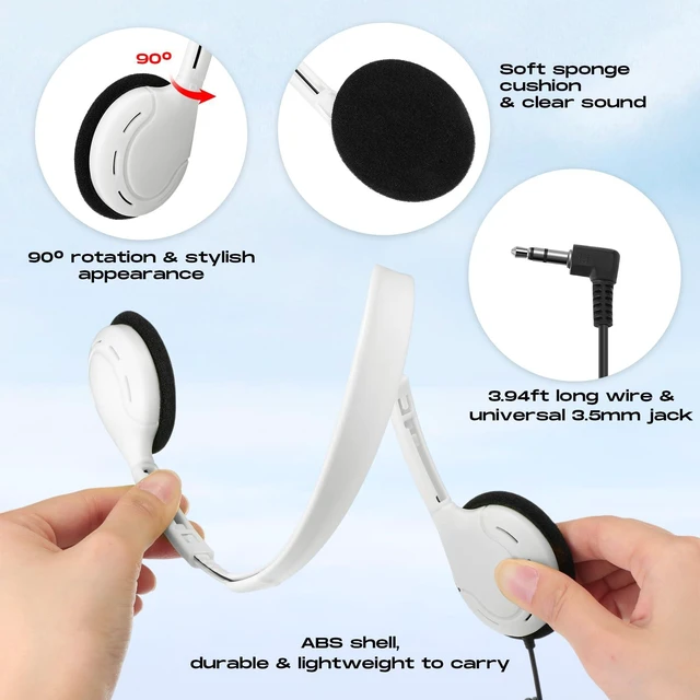 Alt view image 3 of 5 - 30 Pack Over Ear Headphones Corded Bulk Set 3.5mm,White On Ear Headsets Adjustable Earphones with Cord for Library Computer Lab Online Lesson Group Testing